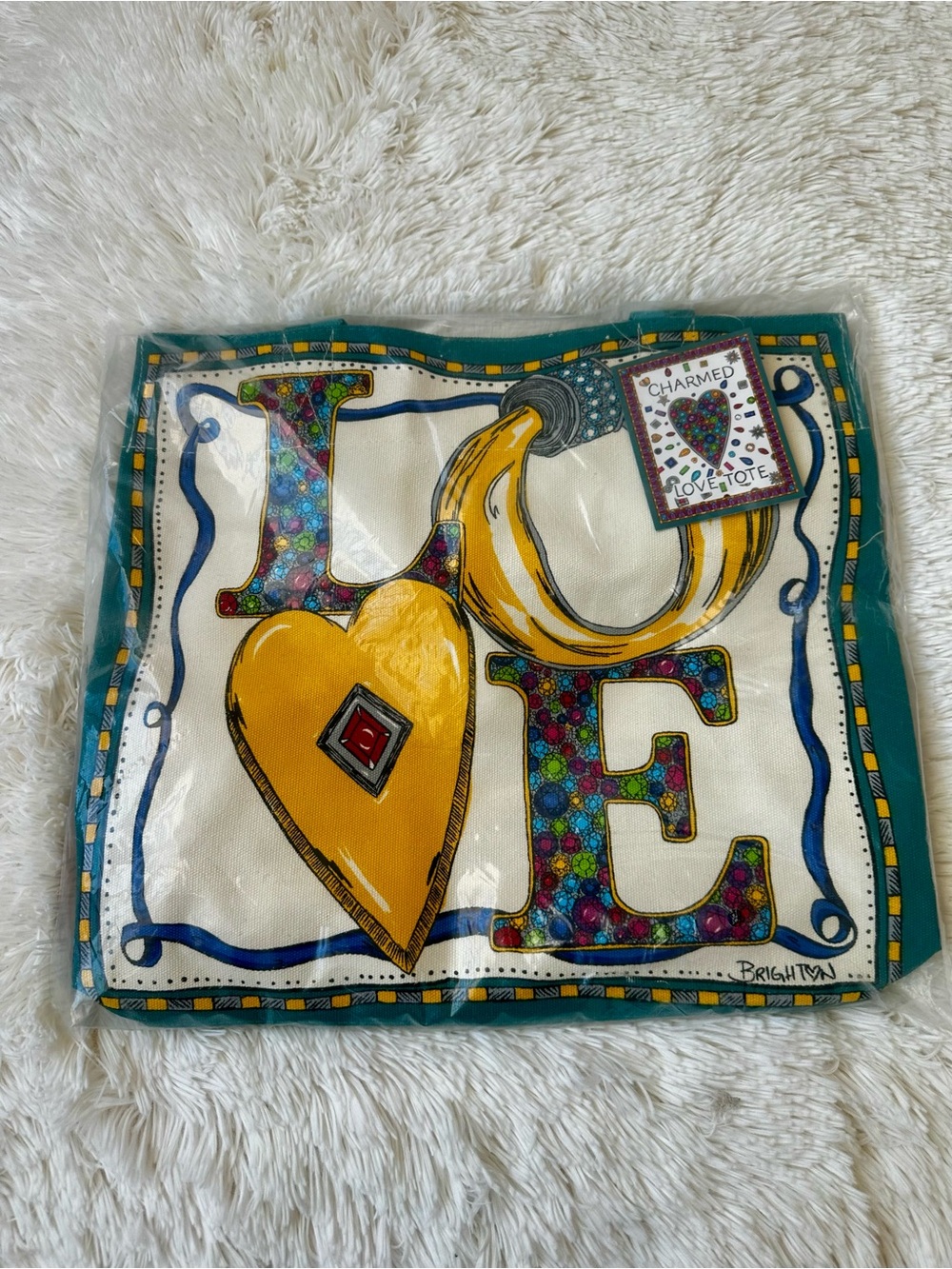 Brighton Charmed Love Tote Canvas Shoulder Bag NWT Large Art Print Teal OS